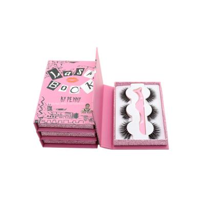 China Long Natural Lash Book Three Pairs Burn Eyelash Packaging 3D Natural Wholesale Mink Lashes Custom Lashbox Packaging With Logo for sale