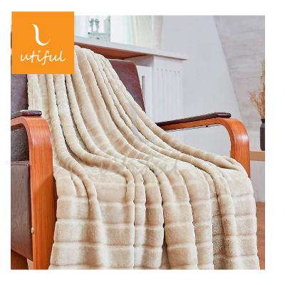 China PASSIONATE Throw Blanket Faux Fur Beige Bedroom Stripe Cutout With Mink Plaid for sale