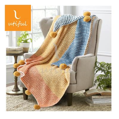 China PASSION High Quality Multi Colored Knitted Acrylic Throw Blanket With Large Pompoms for sale