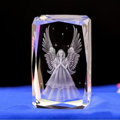 China Europe 3D Crystal Angel 24 Laser Cut Etched Glass Laser Engraved Cube Miniature Model For Church Gifts for sale