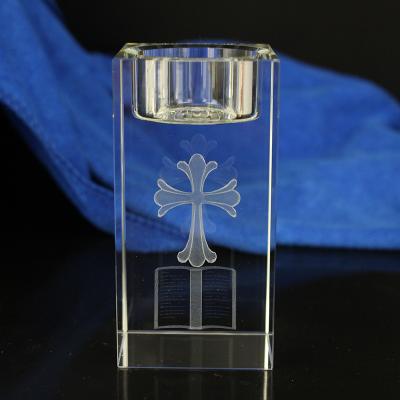 China Europe Square Form Jesus Crossing Engraved Tealight Crystal Religious Candle Holder for sale