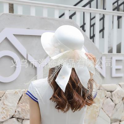 China Wholesale 2021 New Republic Of China Style Satin Mesh Bow Luxury Bucket Hat White Wide Brim Sunshade Hat for sale