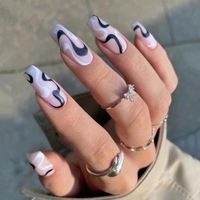 China Easy Apply 24 Pcs / Box Cover 3D Wholesale Fake Nails Full Wave Press On Nail Coffin for sale