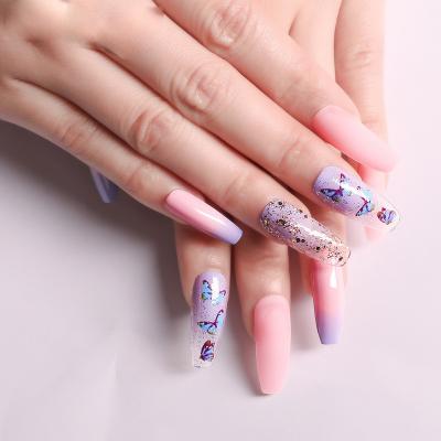 China Easy Apply 24Pcs/Box Logo Butterfly Coffin Nail Tips Custom Wholesale Pink Ombre Nails Press On False for sale