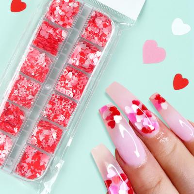 China Easy Apply Valentine's Day Nail Art Decals Heart Flowers Butterfly Holographic Glitter 3D Laser Nail Flakes Set for sale