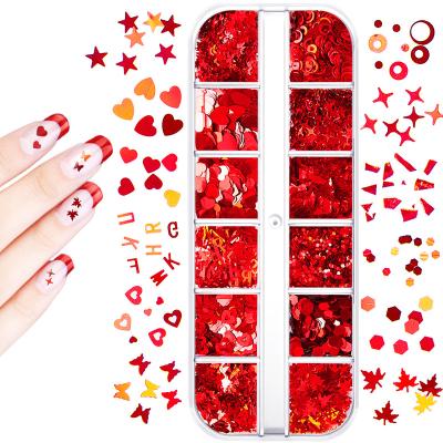 China Easy Apply Nail Art Accessories 12 Grids 3D Mixed Valentine's Day Nail Kit Sequins Shiny Red Love Heart Glitter Nail Stickers Supplies for sale