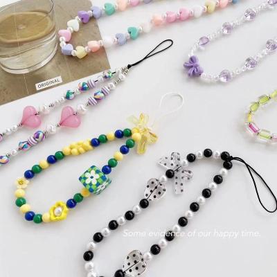 China New simple love acrylic Lanyard Mobile Phone Chain beaded personality candy color cartoon acrylic for sale