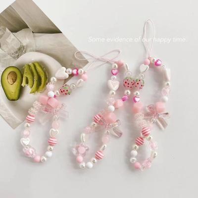 China New Korean version of the pink strawberry Lanyard Mobile Phone Chain simple personality love acrylic beaded 20cm for sale