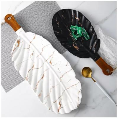 China Viable Wholesale Cheap Marble Dishes Luxury Porcelain Hotel Ceramic Marble Dish Set For Restaurant Leaf Shape for sale