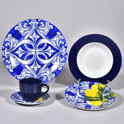 China Viable 20 Pcs Round Shape Dinner Dinnerware Set Creative Lemon Design Ceramic Blue Dinnerware Sets Fruit Customized Pattern For 4 Users for sale