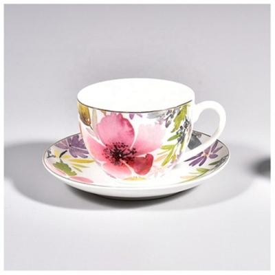 China Sustainable Factory Price 220ml Bone China Mug And Saucer Ceramic Coffee Cups And Saucers With 12pcs Decal for sale