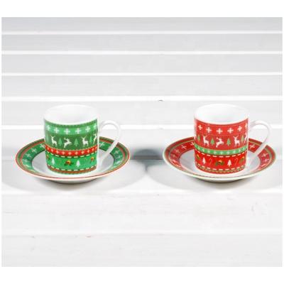 China Viable Customize Household Porcelain Coffee Set Christmas Coffee Cups And Saucers With Christmas Day Decal 12pcs for sale