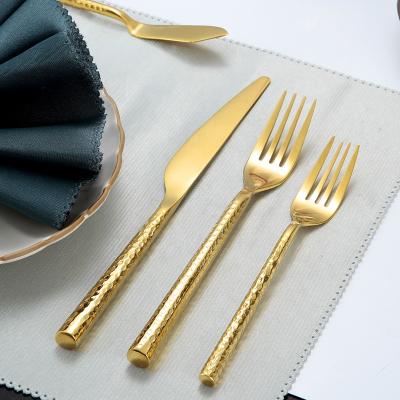 China Durable Hand Forged 18/10 Gold Stainless Steel Spoons and Forks Flatware Set, Heavy Duty Gold Plated Cutlery for sale