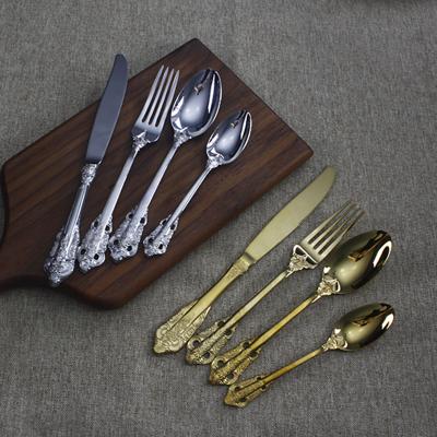 China Sustainable 18-10 Stainless Steel Gold Vintage Cutlery Set , Royal Luxury Embossed Engraving Flatware Sets for sale