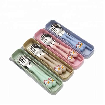 China Sustainable 304 Stainless Steel Children's Cutlery Set With Box Wrapper, Spoon And Fork With Animal Plastic Handle for sale