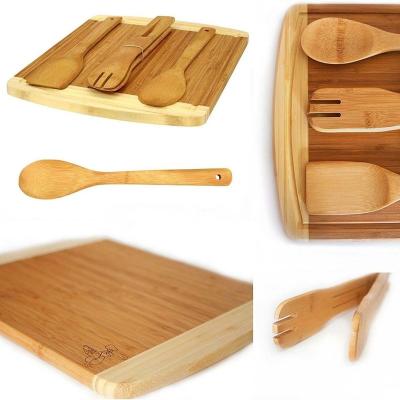 China Sustainable Bamboo Wooden Cutting Choppping Board Set With 3pc Bonus Kitchen Utensils for sale