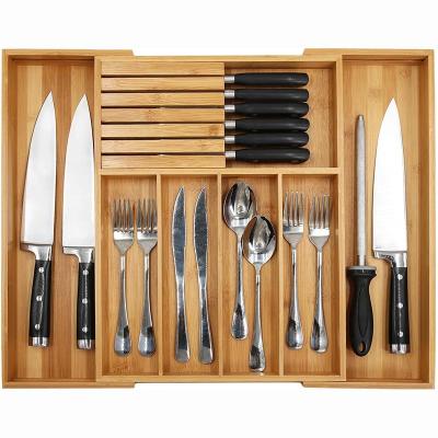 China Sustainable Expandable Bamboo Wooden Cutlery Tray Holder Adjustable Kitchen Tidy Drawer Organizer With Knife Block for sale