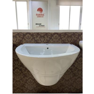 China Polished Ceramic Wall Hung Basin Bathroom Pedestal Half Semi-Hanging Art Wash Basin for sale