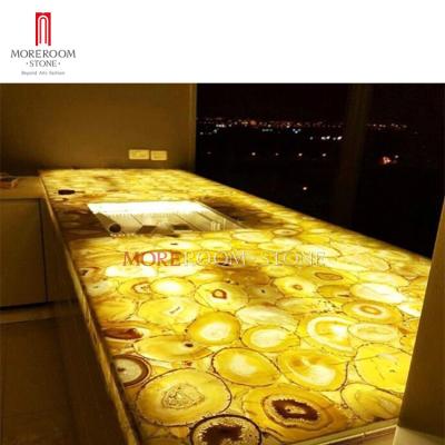 China Seamless Joint In Large Apartment Pieces Dining Table Countertops Yellow Agate Stone Plates for sale