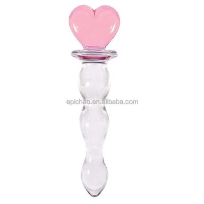 China Borosilicate glass Large Heart Novelties Glass Dildo Crystal Penis Glass Wand G-spot Stimulation Female Masturbator for sale