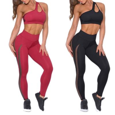 China Women Anti-UV Running Yoga Mesh Butt Pants One Shoulder Bra Sports Fitness Sweatsuit for sale