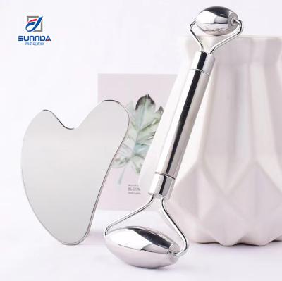 China Skin Tightening Hot Selling Good Quality Facial Beauty Tools 304 Stainless Steel Face Massager Roller and Gua Sha Set for sale