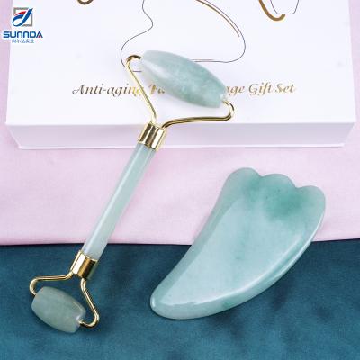 China Double rollers and guasha board skin care authentic natural stone jade roller for face Guasha tools set of Dong Ling Jade Gua Sha Jade Roller with box for sale