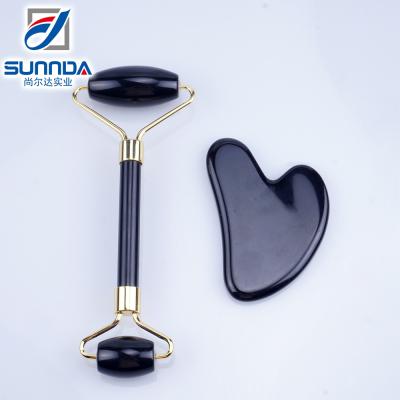 China Double rollers and board Black Jade Roller Facial Roller GuaSha Massager Silent Obsidian quartz guasha board for sale