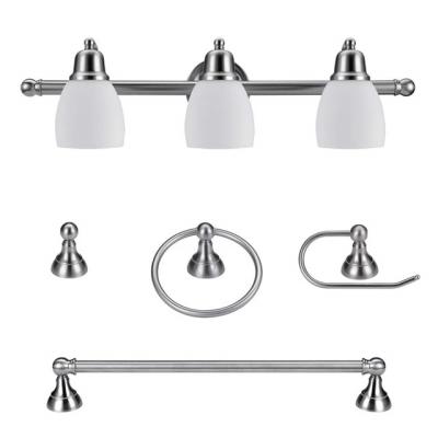 China Modern Brushed Nickel Hardware 5-Piece Bathroom Accessory Set With 3-Light Vanity Light Towel Rack Toilet Paper Holder Robe Hook for sale