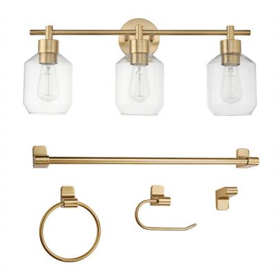 China Modern Brushed GOLD 5-Piece Bathroom Hardware Accessory Set With 3-Light Vanity Light Towel Rack Toilet Paper Holder Robe Hook for sale