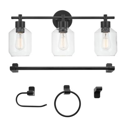 China Modern Matte Black 5-Piece All-in-One Bathroom Accessory Set with 3-Light Vanity Light Frosted Glass Shade for Bathroom for sale