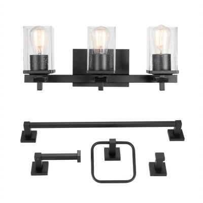 China Modern Matte Black 5-Piece All-in-One Bathroom Accessory Set with 3-Light Vanity Light Frosted Glass Shade for Bathroom for sale