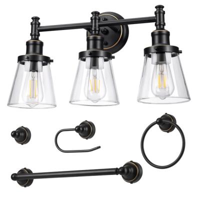 China 3-Light Modern Black Bathroom Vanity Fixtures 5-Piece All-In-One Bathroom Set Vanity Lights With Clear Glass Shades for sale