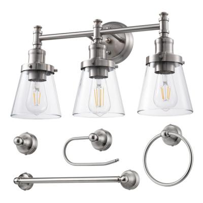 China Modern All-In-One 5-Piece Bathroom Light Set Brushed Nickel Vanity 3 Light With Glass Shades for sale