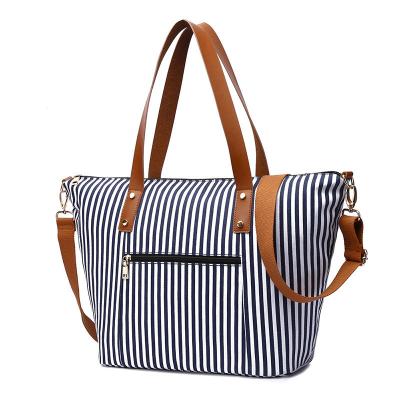 China PORTABLE Hot Selling Ladies Large Capacity Canvas Ladies Tote Beach Bag Mom Strip Shoulder Bag Handbags O005 for sale