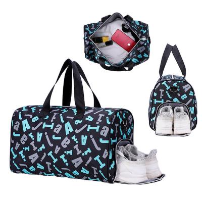 China TB065 Custom Nylon Exercise Fashion Letter Print Shoulder Tote Gym Duffel Bags Travel Storage Yoga Bag With Shoe Pocket for sale