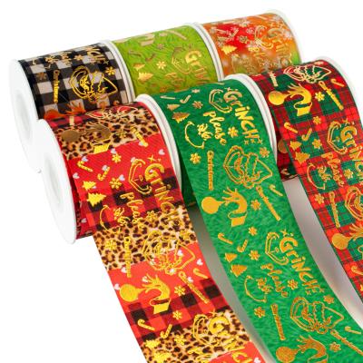 China Seductive Hot Selling 3 Inch Recyled New Christmas Printed Foil Hot Selling Gold Foil Printed Ribbon For Hair Bow Party Decoration Craft for sale