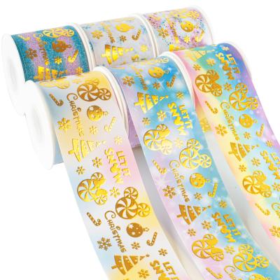 China Recyled New 3 Inch Cartoon Rainbow Printed To Foil Hot Sale Gold Foil Printed Ribbon For Hair Bow Party Decoration Craft for sale