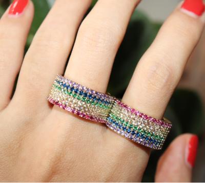 China 2021 FASHION newest micro pave multi colored crystal stone rainbow jewelry punk ring for sale