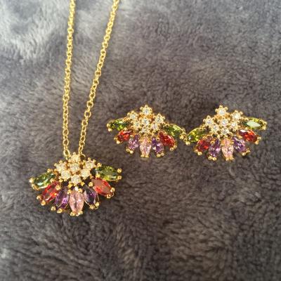 China 2020 Stunning TRENDY Flower Colorful Cubic Zircon Necklace And Earring Jewelry Set for sale