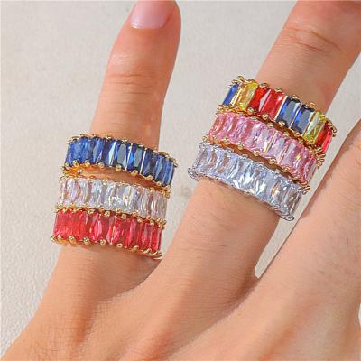 China TRENDY Multi Colored Gold Plated Zircon Eternity Ring Rainbow Gemstone Adjustable Ring for sale