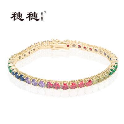 China Fashion 18K Gold Plated Rainbow Tennis Bracelet Round Multi Color CZ Copper Jewelry Tennis Bracelet for sale