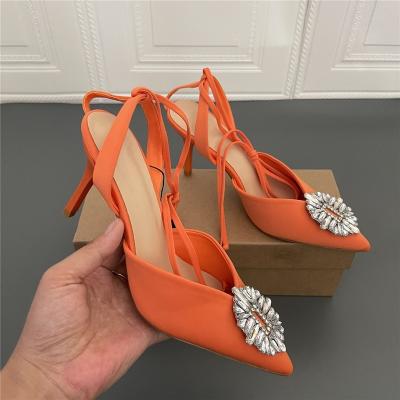 China Anti-odor Diamond Rhinestone Sandalias Orange Fashion Pumps Shoes Lace Up Strappy Heels For Women for sale