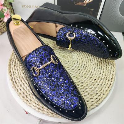 China Real Videos Anti-slippery Fashion Design Gold Blue Sparkles Upper Wedding Shoes Men Dress Shoes for sale