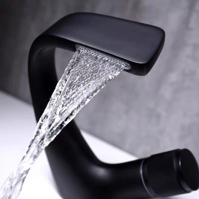 China Modern High Rack Hot And Cold Single Cold Deck Mounted Waterfall Black Brass Sink Basin Faucets for sale