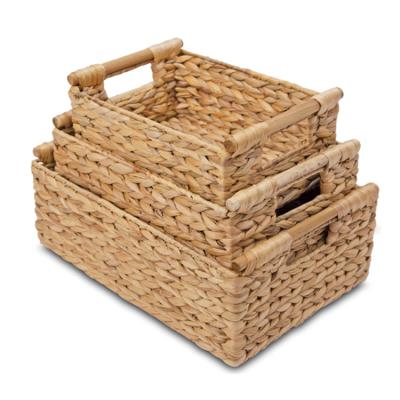 China Sustainable Wholesale Straw Woven Integrated Water Hyacinth Shelf Handle Household Storage Wicker Basket Basket Set for sale