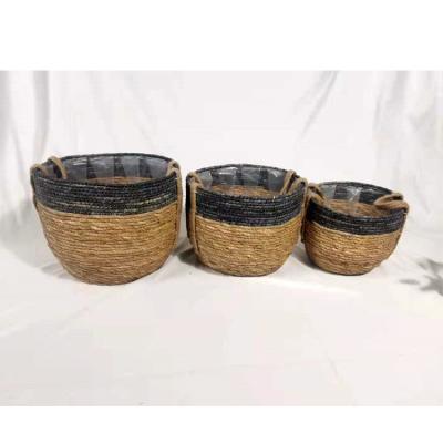 China Sustainable Wholesale Three Piece Black And Blue Straw Braid Woven Storage Basket With Twine Handle for sale