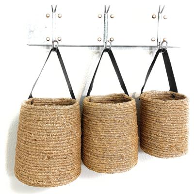 China Sustainable Country Style Jute Hanging Small Three Piece Woven Basket With Inner Liner Handle for sale