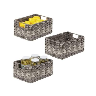 China Sustainable Farmhouse Gray Woven Kitchen Food Storage Basket Set Of 3 With Handle for sale