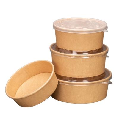 China Recyclable Eco Friendly Disposable Custom Brown Logo Round Food Container Fruit Salad Wrapping Paper Bowl With Lid for sale